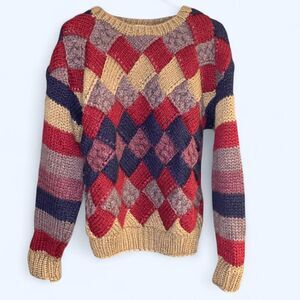 Vtg Handmade Knit Chunky Sweater Colorful Fun Funky Sweater Bee Size Medium